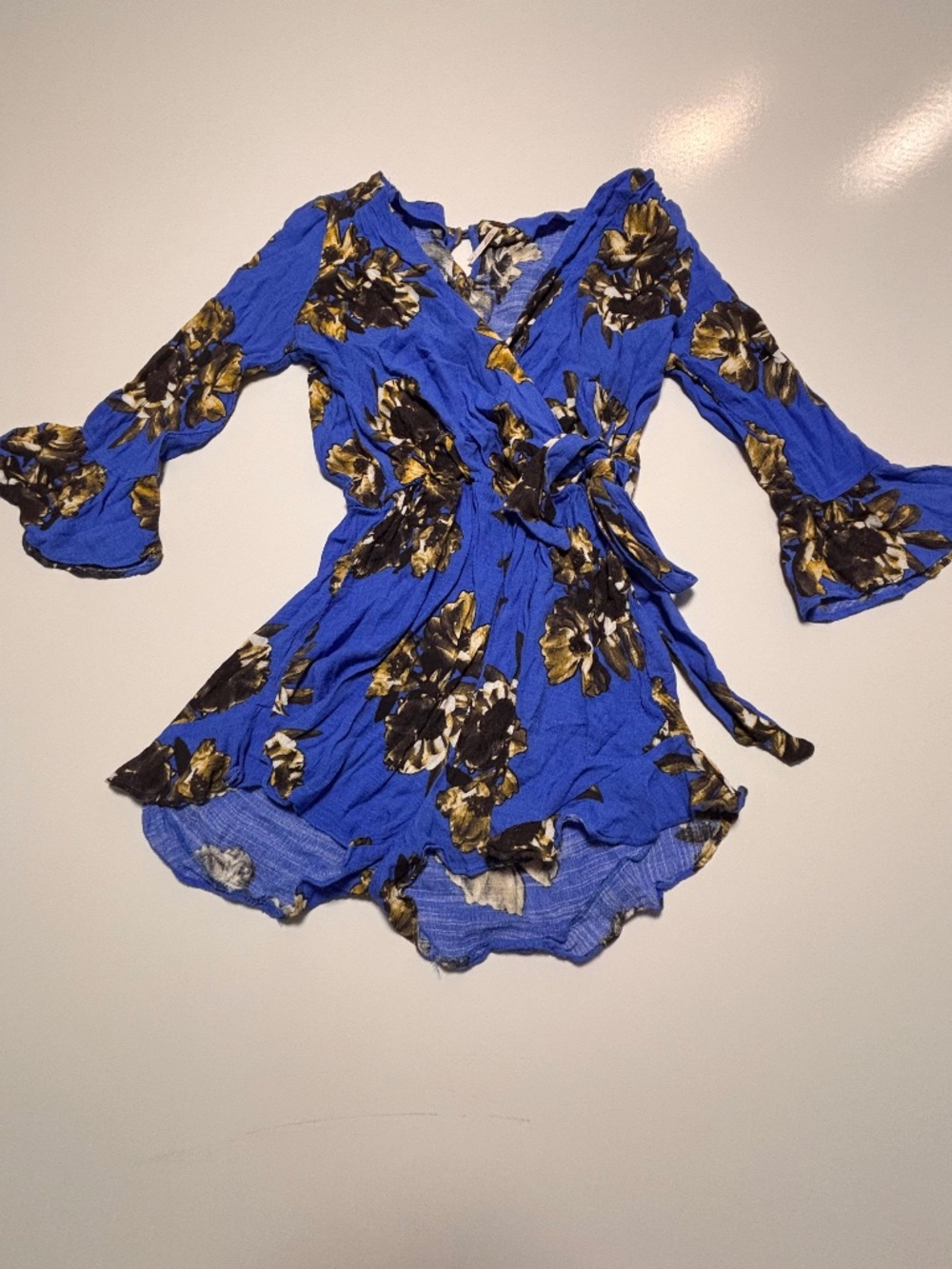 Womens Free People Blue Floral 3/4 Bell Sleeve Romper Size Small